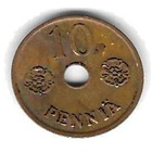 1943 10 PENNIÄ KOLIKKO KÄYTETTY REIKÄ KESKELLÄ - pikkukuva 1