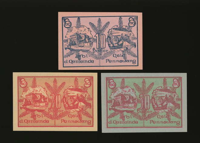 Itävalta Notgeld 10, 20, 50 Heller, Pennewang 1920