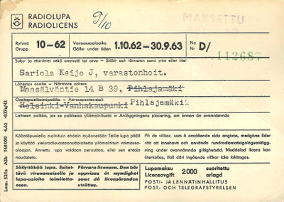 RADIOLUPA 1.10.62-30.9.63 MAKSETTU LUPAMAKSU SUORITETTU HYVÄ