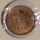 1 PENNI 1892 /#a (lyöntikiiltoinen, patinaa) - pikkukuva 3