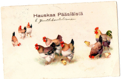 Vanha pääsiäiskortti-kukko ja kanalauma