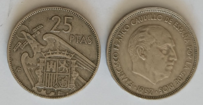 2 kpl Espanja 25 ptas1964 & 1969, 2 kuvaa
