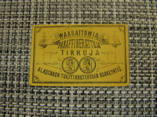 Alastaron Tulitikkutehtaan Osakeyhtiö etiketti.