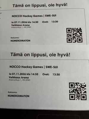 Nocco jääkiekko 2 lippua Ruotsi- Sveitsi la 7.11. klo 14:30