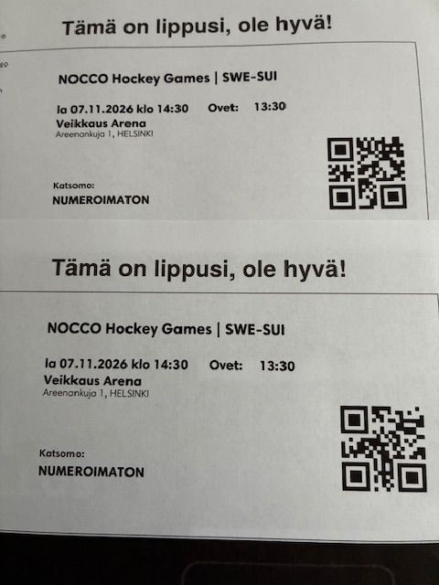 Nocco jääkiekko 2 lippua Ruotsi- Sveitsi la 7.11. klo 14:30