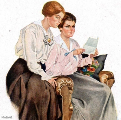 YSTÄVYYS / Kaksi tyttöä syventyneenä kirjeeseen. 1900-l.