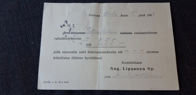 Postiennakko kortti Aug. Lipsanen Oy, Pori 1941