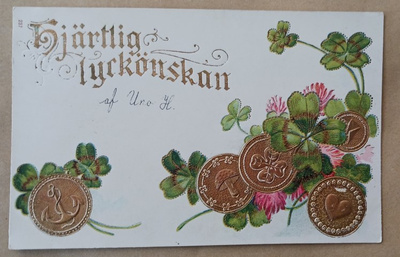 Onnittelukortti; kultarahoja, neliapiloita, kohopainoa, k.