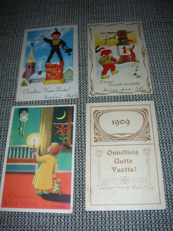 vanhoja uudenvuodenkortteja 1900-50-luku