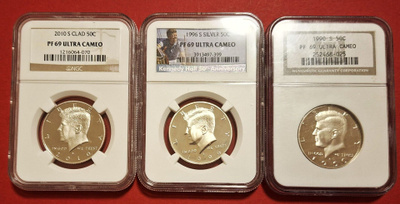 3 kpl USA Kennedy half Dollar, NGC PF 69 huippu kunto.