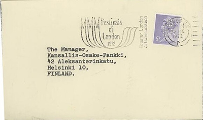 Englanti firmareijitetty merkki kuorella Suomeen