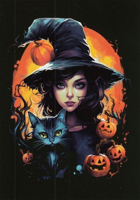 Halloween noita, kissa, kurpitsat