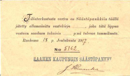 RAAHEN KAUPUNGIN SÄÄÄSTÖPANKKI  KUITTI