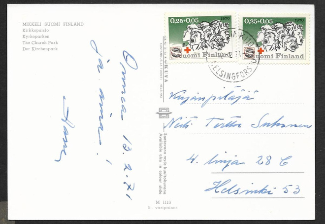 Postilähetys - Pun. ris. 25+5p 1970 (LAPE 2x672) Hki 12.2.71