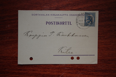 Sortavan Kirjakaupan lähettämä postikortti 1918