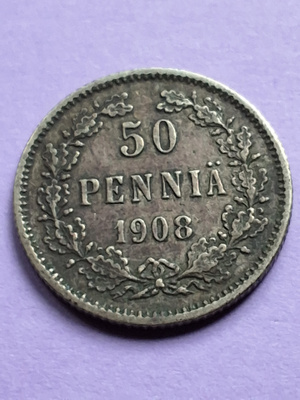 50 PENNIÄ, Hopeaa 1908, katso!