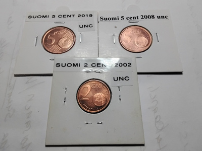 Suomi 5 cent 2008 unc, 5 cent 2019 unc ja 2 cent 2002 unc
