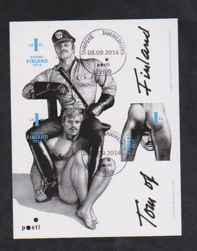 BL85 Tom of Finland ilmestymispäivän leimattu blokki.