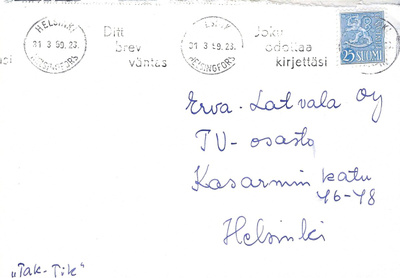 HELSINKI 31.3.59 LEIMOILLA KUORI JOKU ODOTTAA KIRJETTÄSI M54