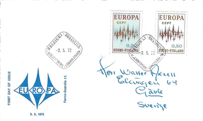 FDC 1972 EUROOPPA-MERKIT RUOTSIIN KUORI
