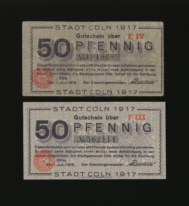 Saksa Notgeld 2 x 50 Pfennig, Köln 1.6.1918 VG-aUNC