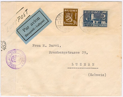 M30 1943 lentokirje Sveitsiin - 4,50mk + 4,00mk, sensuuri