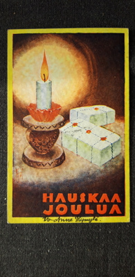 Vanha Ami Hauhio joulukortti, kynttilä ja lahjapaketit