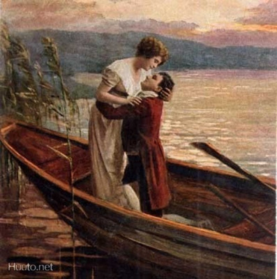 RAKKAUS / Rakastunut pari veneessä kaislikossa. 1900-l.