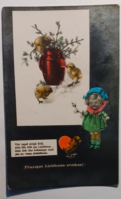 Tyttö, tipuja, pajunkissoja, Pääsiäiskortti Latviasta 1925