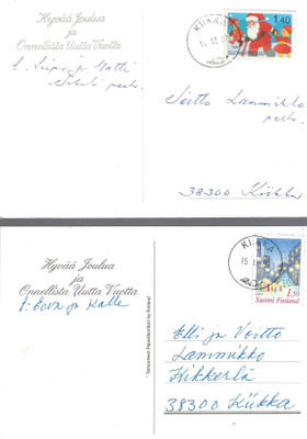 2 KPL KIIKKA LEIMOILLA JOULUKORTIT 1987 JA 1989 KULKENEITA H