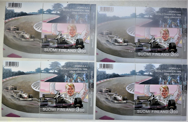 Postimerkki SUOMI 4 kpl Mika Häkkinen  Formula 1 v. 1998
