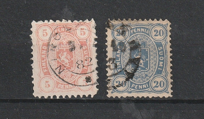 1875/ 5p ja1882/ 20p Vaakunamerkit leimattuina