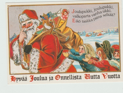 Joulupukki säkki selässä , lapset seuraavat   (R)
