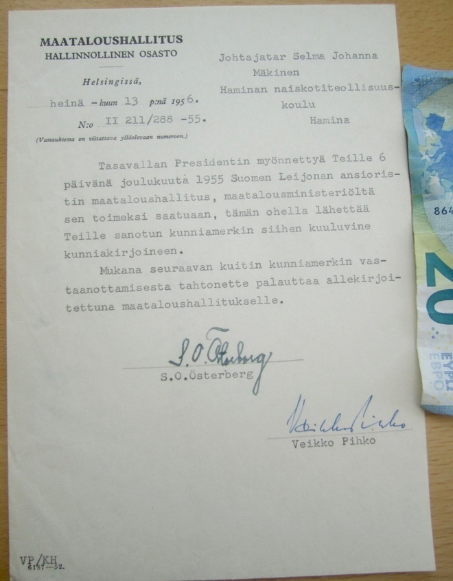 VANHA Saatekirje Suomen Leijona Ansioristi 1955