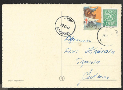 Postil. - Yl.m. 10mk (LAPE 430) Särkisalmi 21.12.62