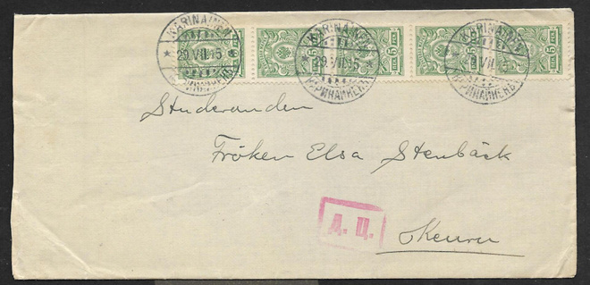 Postil. - 5p 1911 (LAPE 5x62) Karinainen 20.7.1915 + sens