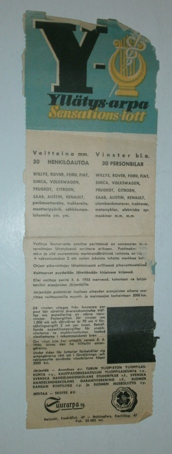 Y - Yllätys-arpa ja pikavoittoarpa, pääarvonta 21.2.1955