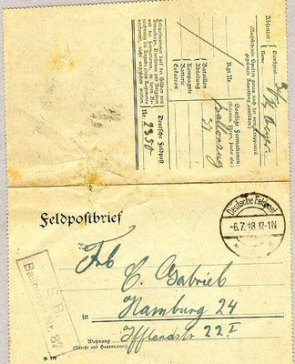 Saksa 1918 kenttäpostikirje