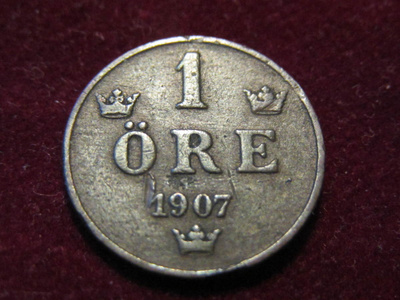 1  öre 1907 Ruotsi-Sweden. Oscar II