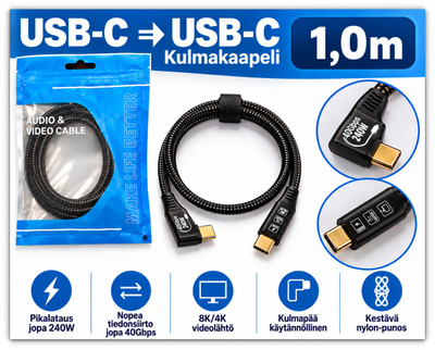 USB-C Thunderbolt 4 kulmakaapeli 40Gbps 240W 8K /1m #32136