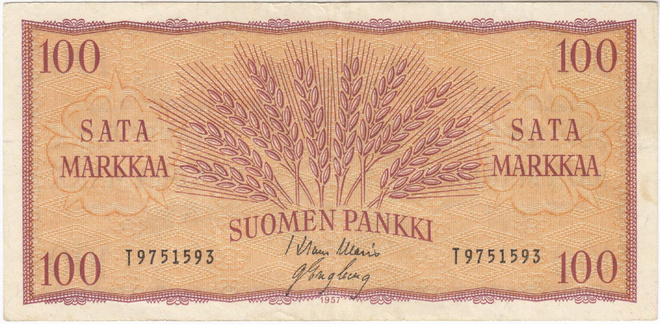 100 Markkaa 1957 T-sarjaa, kl.5