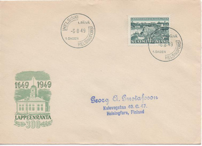 FDC Lappeenranta 300v 6.8.1949 painettu kuori Lape: 15e