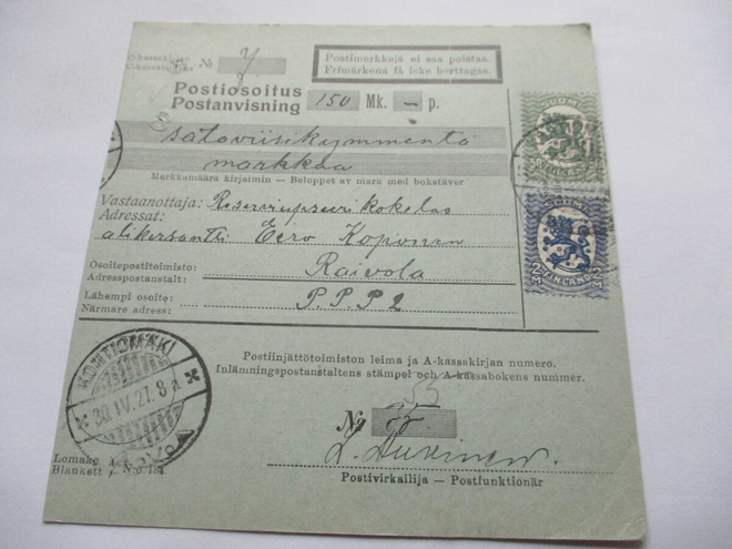 1927 Kontiomäki postiosoitus Raivolaan