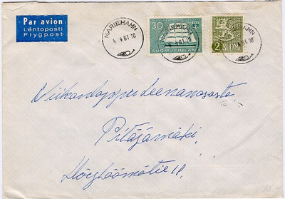 M54 1954 2 (mk) lentolisänä lentokirje Maarianhaminasta