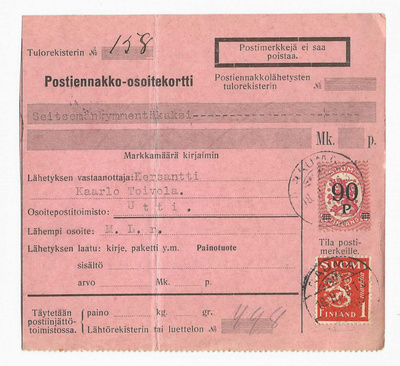 # 23914 # Pe.osoitus Rauma > Utti - 1930 - Sekapostite