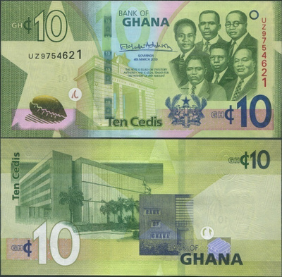 Ghana 10 Cedis 2019 UNC uudet turvatekijät/paperi/SPARK