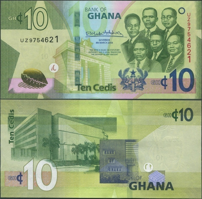 Ghana 10 Cedis 2019 UNC uudet turvatekijät/paperi/SPARK