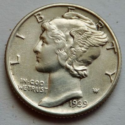 USA 1 dime 10 c 1939 Hopeaa HYVÄ Lyöntikiiltoinen