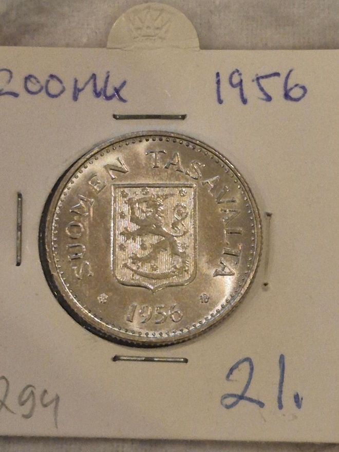 Hopearaha 200 markkaa 1956, Suomi, 8,3 g Ag500