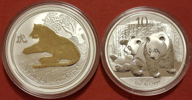 2 x 1 oz 999 hopeaa: Panda + Tiikeri, Lunar year 2010 (KD10)